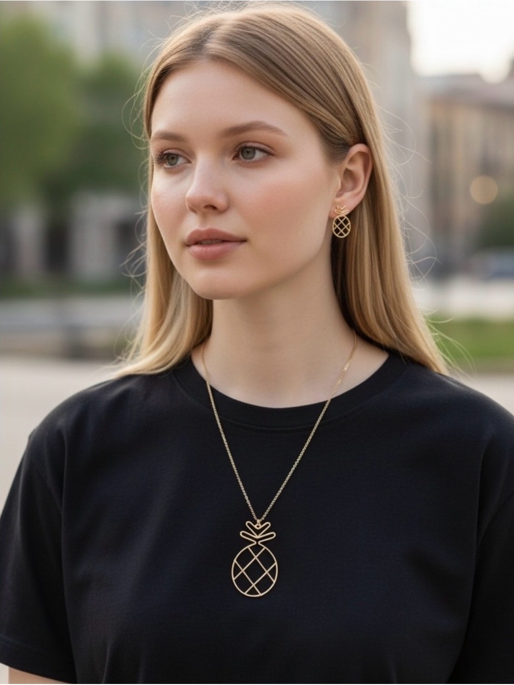 Gold Pineapple Pendant Necklace and Stud Earrings Set